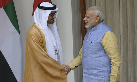 Indian Prime Minister Narendra Modi and Sheikh Mohamed bin Zayed Al Nahyan, the Crown Prince of Abu Dhabi and Deputy Supreme Commander of the UAE Armed Forces.