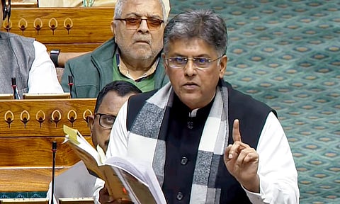 Congress MP Manish Tewari speaks in the Lok Sabha during the Winter session of Parliament, in New Delhi, Tuesday, Dec. 9, 2025. (PTI)&nbsp;