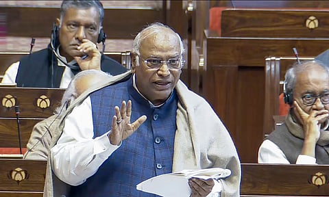 Leader of the Opposition in Rajya Sabha Mallikarjun Kharge speaks in the House during the Winter session of Parliament, in New Delhi, Tuesday, Dec. 9, 2025. (PTI)&nbsp;