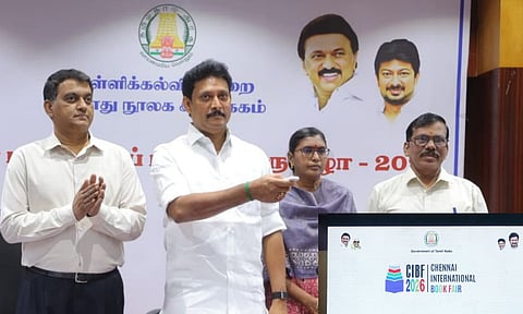 Minister of School Education Anbil Mahesh Poyyamozhi unveiled the logo for the 4th edition of the Chennai International Book Fair (CIBF) on Tuesday (X/Anbil_Mahesh)
