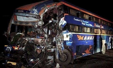 Damaged remains of a bus after it collided with a truck on the Jaipur-Bikaner National Highway, Tuesday night, Dec. 9, 2025. Three people died and several injured in the incident. (PTI)