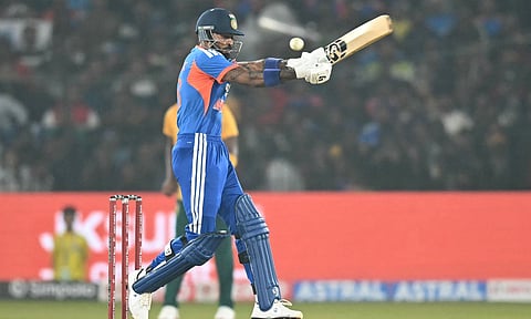 Hardik Pandya plays a shot during the first T20I match