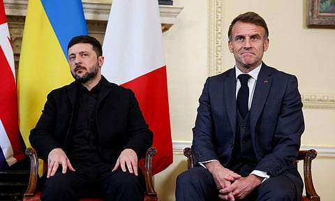 Ukrainian President Volodymyr Zelenskyy, left, and French President Emmanuel Macron meet at 10 Downing Street, in London, Monday, Dec. 8, 2025. (AP)&nbsp;