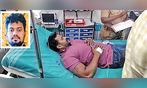 Sub Inspector Baskar undergoing treatment in Tiruchy Government Hospital on Friday; (inset) accused Rajasekar