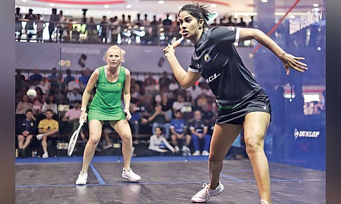 Joshna Chinappa in action during the opening game (Photo: Hemanathan M)&nbsp;