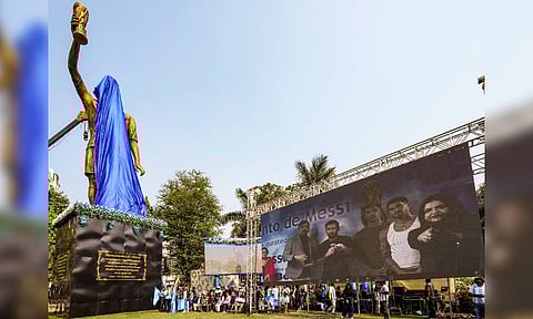 Argentine footballer Lionel Messi upon his arrival at Kolkata airport, early Saturday morning (PTI)