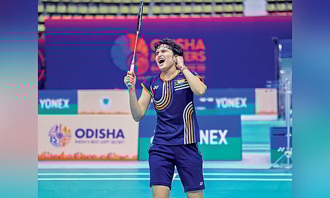 Unnati Hooda celebrates after her win over Tasnim Mir