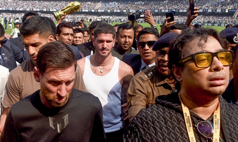 Messi is being escorted from the Salt Lake Stadium on Saturday (IANS)&nbsp;