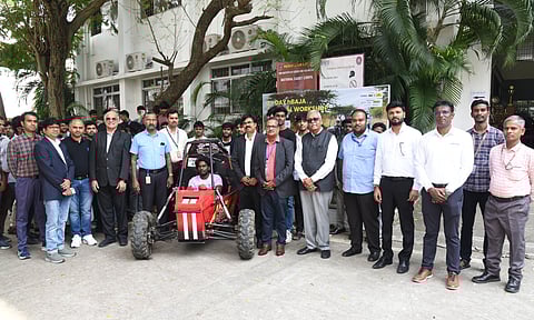 Dr Anand Lakshmanan, Senior Project Advisor, CAAR, unveiling a student-built vehicle at SRMIST during the inauguration of the BAJA SAEINDIA two-day hydrogen BAJA (H-BAJA) workshop&nbsp;