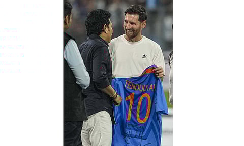 Argentine footballer Lionel Messi during the 'GOAT India Tour 2025', at Wankhede Stadium in Mumbai, Sunday, Dec. 14, 2025 (PTI)&nbsp;