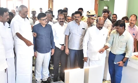 Public Works Department Minister EV Velu inspecting the museum at Tirunelveli on Monday