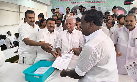 Former AIADMK MP Soundararajan submits documents on behalf of EPS expressing interest for party chief to contest from Radhapuram constituency at the party headquarters in Chennai on Monday