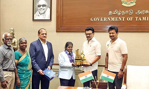 CM Stalin felicitating one of the medal winners