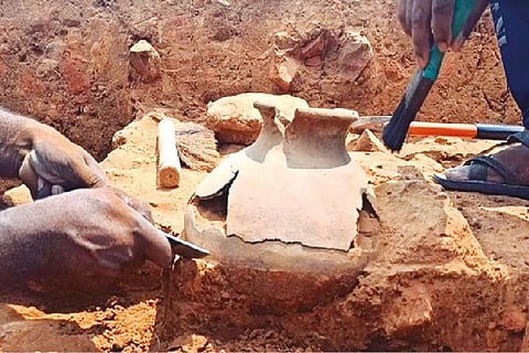 The excavated clay pot at Gangaikonda Cholapuram in Ariyalur on Friday