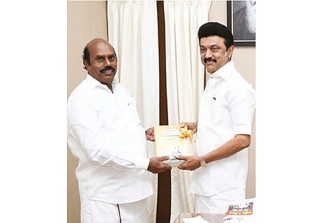 State Highways Minister EV Velu with TN CM MK Stalin before the session on Tuesday