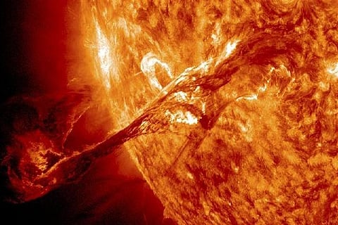 A long filament of solar material that had been hovering in the Sun's atmosphere