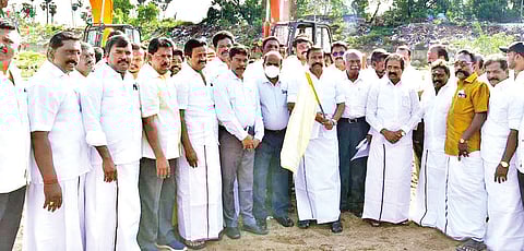 Nehru inaugurating desilting works in Tiruchy on Saturday.