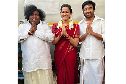 (From left) Yogi Babu, Actress Sanjana and Mirchi Shiva