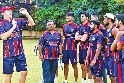 Glenn McGrath (left) interacts with trainees at the MRF pace foundation in Chennai