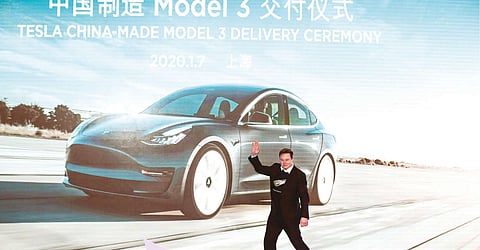 Musk at the launch of a Tesla model in China in 2020