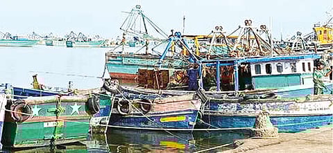 Boats anchored at shore in Rameswaram on Monday