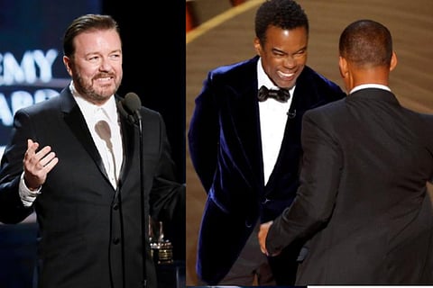 Ricky Gervais (left) and Will Smith slapping Chris rock at Oscars 2022