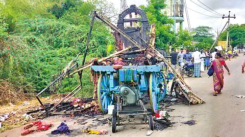 The charred Appar Temple car at Kalimedu in Thanjavur on Wednesday