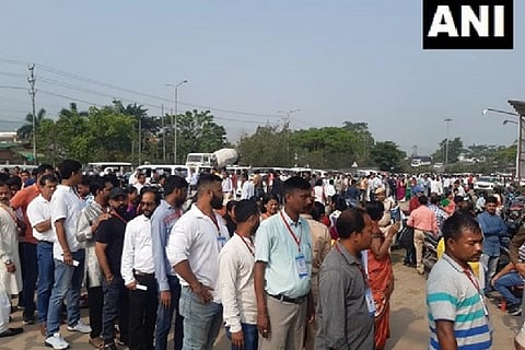 A visual from outside a counting center at Moniram Dewan Trade Centre in Guwahati