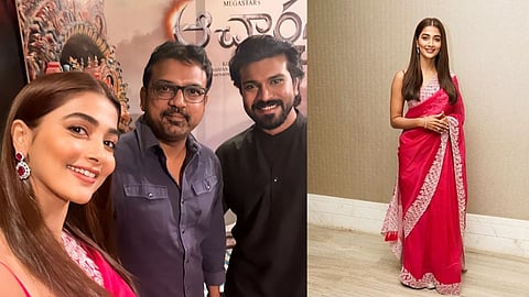 Pooja Hegde, Ram Charan and Koratala Siva in Acharya promotions