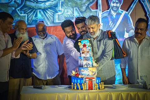 RRR director S. S. Rajamouli and Jr NTR, Ram Charan celebrating at RRR success party