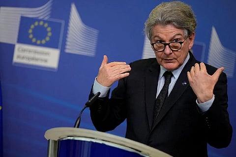 Thierry Breton, European Commissioner for Internal Market speaks during a signature ceremony regarding the Chips Act at EU headquarters in Brussels, Belgium