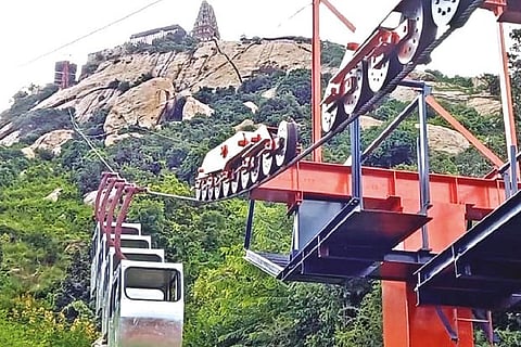The gondalas of rope car service kept ready for trial run at Sri Lakshminarasimha Swamy Temple in Sholingur