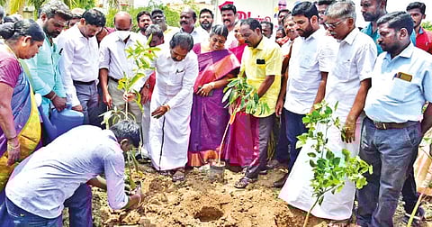 Tiruchy Collector S Sivarasu and Mayor Mu Anbalgan inaugurating planting of saplings for tthe miyawaki forest on Saturday