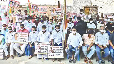 Congress workers staging a protest in Chennai on Thursday