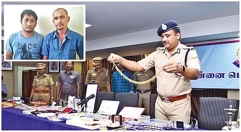 Additional Commissioner (South) N Kannan with the recovered jewellery and other articles; (inset) accused Ravi and Krishna