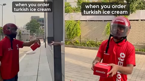 Zomata delivery guy giving the order to the customer in Turkish manner