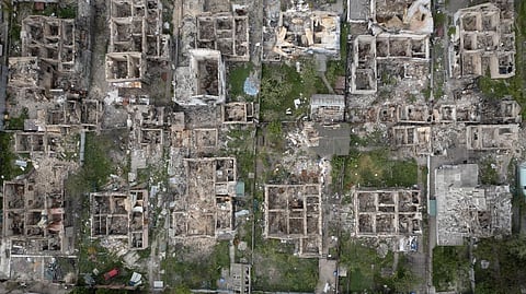 An aerial view of a residential area ruined by the Russian shelling in Irpin