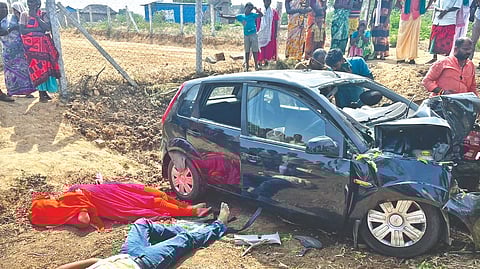 The ill-fated car of Chennai-based IT firm manager which hit a tree in Ariyalur on Monday