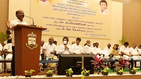 Ma Subramanian addressing a gathering of councillors at the Ripon Building