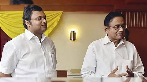 Senior Congress leader P Chidambaram (L) and his son MP Karti Chidambaram