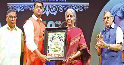 Union Finance Minister Niramala Sitharaman being presented with a Thanjavur painting at the annual function of a Tamil magazine in Chennai on Sunday