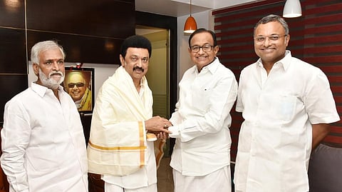Former Union Minister P Chidambaram and Karti Chidambaram met and greeted Chief Minister Stalin, Ministers Palanivel Thiaga Rajan and PK Sekar Babu was also part of the meeting