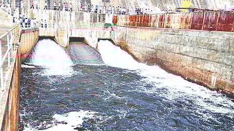Water being released from Amaravathi Dam in Tirupur on Monday