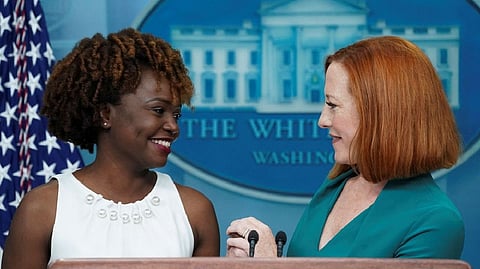 White House Deputy Press Secretary Karine Jean-Pierre is introduced by current White House Press Secretary Jennifer Psaki as President Joe Biden's next White House press secretary at the White House in Washington