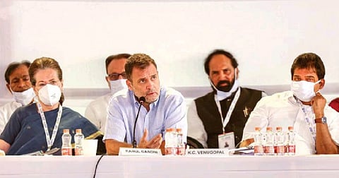 Congress interim President Sonia Gandhi, party leader Rahul Gandhi and others during a meeting of AICC on day 2 of the party?s ?Nav Sankalp Shivir?, in Udaipur