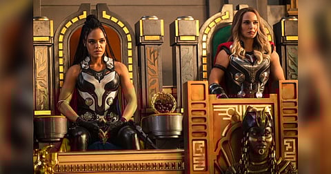 Natalie Portman as Jane Foster/Mighty Thor and Tessa Thompson as Valkyrie in Thor 2