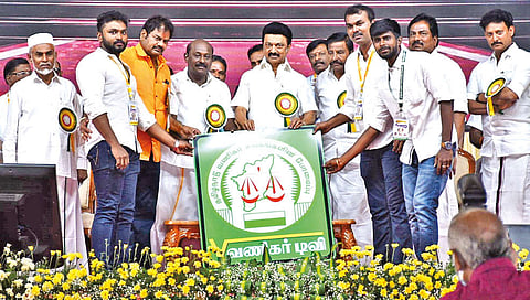 Chief Minister MK Stalin launching YouTube channel of Vanigar TV in Tiruchy on Thursday