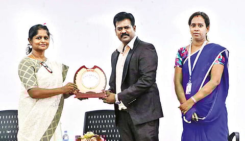 Dr E Mary Angeline, Principal, Nazareth College of Arts and Science felicitating resource person Sathish Kumar Kannan, founder of Why Global Technologies