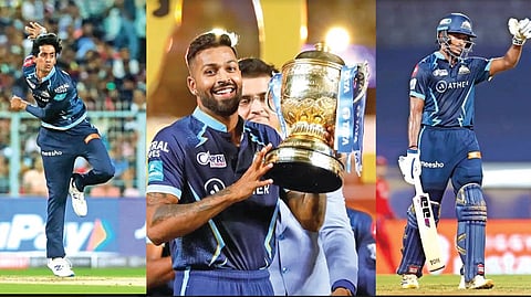 (left) Sai Kishore; (centre) Hardik Pandya with the trophy; (right) Sai Sudharsan.