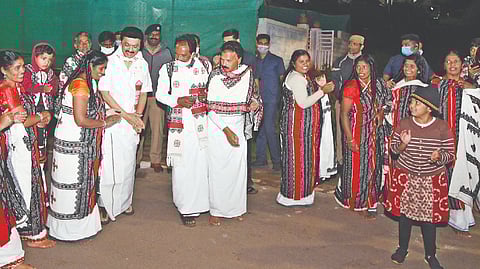 Chief Minister MK Stalin dancing with Toda tribals in The Nilgiris on Thursday